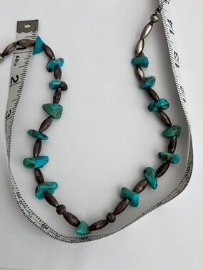 Vintage Silver Bead and Chunky Turquoise Necklace 14” with Hook & Eye.